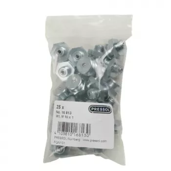 PRESSOL litteäpäinen voitelunippa M1-KØ 16, M10 x 1, sinkitty teräs, 25 kpl:n pakkaus (16 813)