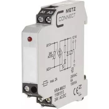 METZ CONNECT KRA-M6/21 liitäntärelemoduuli, valkoinen, 12-24 V AC tulo, 250 V AC lähtö, DIN-kiskoasennus 11061513