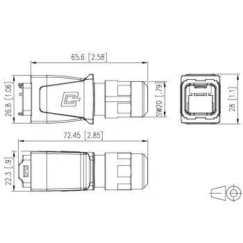 METZ BTR 14010850C0ME teollinen IP67 V14 RJ45 pistokekotelo, push-pull, tyhjä