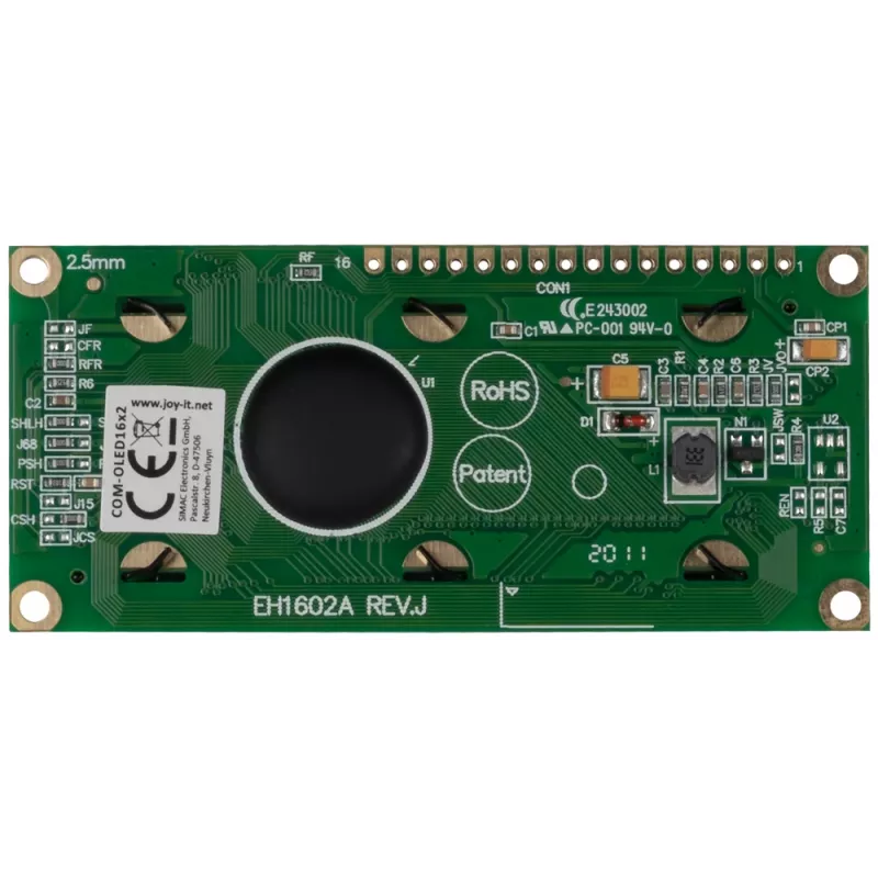 JOY-IT COM-OLED16X2 16x2 OLED -näyttömoduuli, valkoinen, I2C, SSD1306, Arduino- ja Raspberry Pi -yhteensopiva
