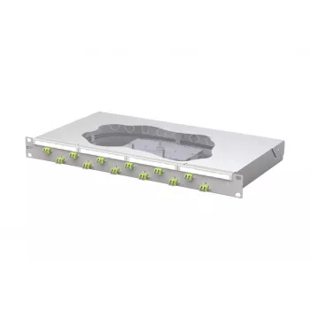METZ CONNECT 12-porttinen LC duplex OM5 kuitujatkos-patch-paneeli, 1U 19 tuuman räkkiasennus, 24 kuitua, 2m pigtailit, harmaa 1504587M12-F