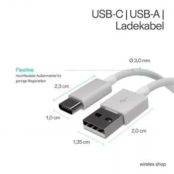Flexline USB-lataus- ja synkronointikaapeli, USB-A - USB-C, 2.0, ABS, valkoinen, 0,5m (FL31-13040)