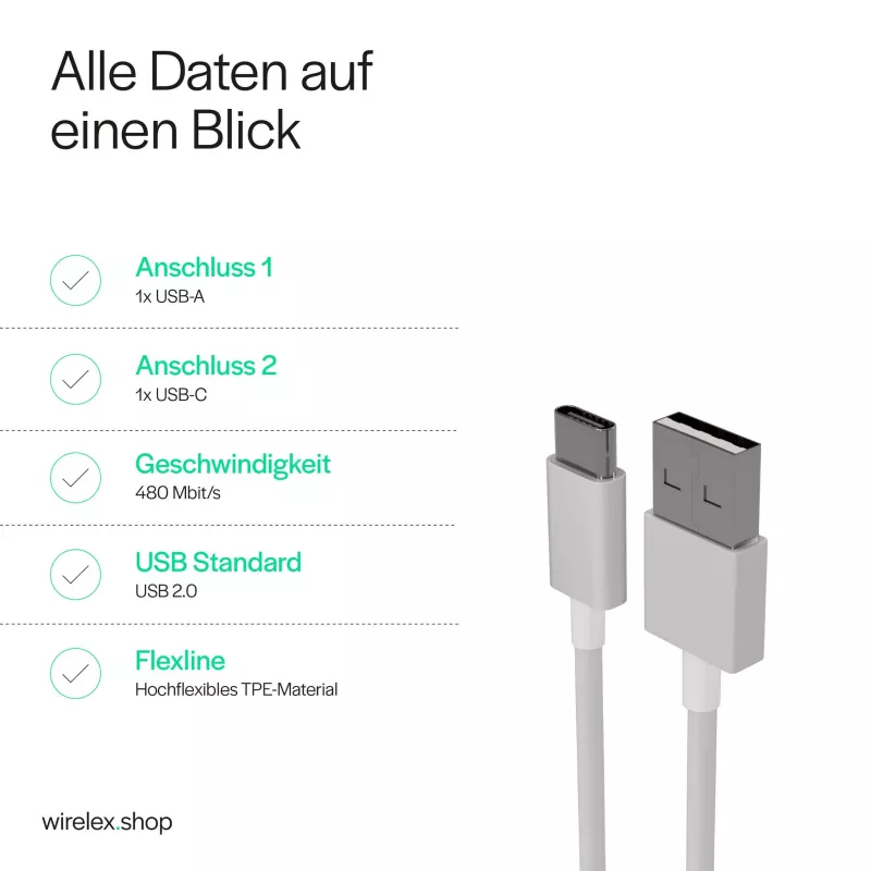Flexline USB-lataus- ja synkronointikaapeli, USB-A - USB-C, 2.0, ABS, valkoinen, 0,5m (FL31-13040)