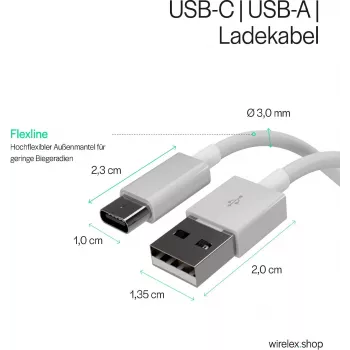 FLEXLINE FL31-13043 USB-A - USB-C lataus- ja synkronointikaapeli, 2.0, ABS, valkoinen, 2m