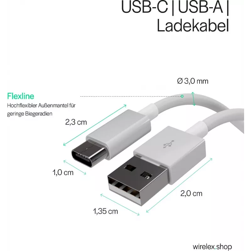 FLEXLINE FL31-13043 USB-A - USB-C lataus- ja synkronointikaapeli, 2.0, ABS, valkoinen, 2m