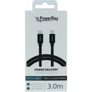 PowerRay USB-C–Lightning data- ja latauskaapeli 3 m musta tekstiili punottu MFi-sertifioitu PR-DCCL300TBK
