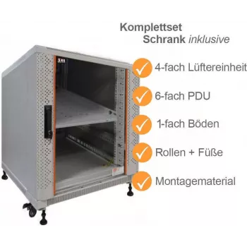 IT-BUDGET 19 tuuman palvelinkaappi SRK täyspaketti 12U 600x1000 mm lasi-/teräsovi 4 aktiivisella tuulettimella, PDU, hyllyt, Flatpack, vaaleanharmaa 90ITB19SRK12610GG