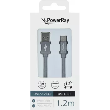 PowerRay datakaapeli PR-DCUC120TGY USB-A - USB-C 1,2 m tekstiiliharmaa punottu pikalataus & 5 Gbps tiedonsiirto