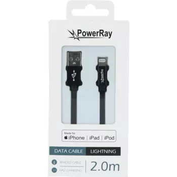 PowerRay PR-DCUL200TBK MFi-sertifioitu USB-A - Lightning punottu kaapeli, 2 m, musta