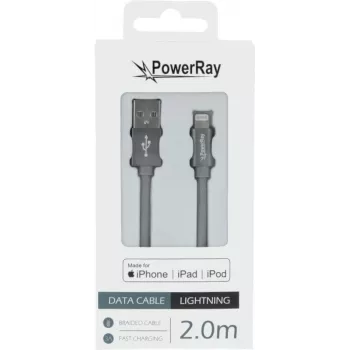 PowerRay PR-DCUL200TGY MFi-sertifioitu USB-A - Lightning punottu kaapeli 2 m tekstiili harmaa