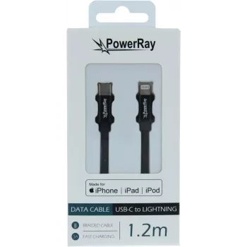 PowerRay USB-C - Lightning MFi punottu data- ja latauskaapeli 1,2 m musta PR-DCCL120TBK