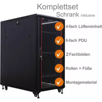 IT-BUDGET 19 tuuman palvelinkaappi SRK kokonaispaketti, 27U, 600x1000 mm, lasi-/teräsovi, 4 tuuletinta, PDU, hyllyt, esiasennettu, musta 99ITB19SRK27610GSM