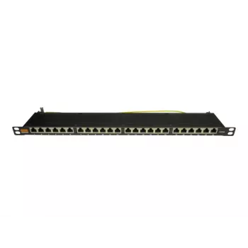 IT-BUDGET 19 inch erittäin ohut patch-paneeli, 0,5U, täysin suojattu, Cat.6A, 24 porttia, PoE++, musta (90ITBPP6A05S)