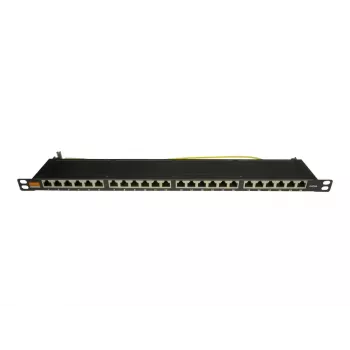 IT-BUDGET 19 inch erittäin ohut patch-paneeli, 0,5U, täysin suojattu, Cat.6A, 24 porttia, PoE++, musta (90ITBPP6A05S)