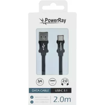PowerRay datakaapeli PR-DCUC200TBK, USB-A - USB-C, 2,0 m, tekstiili musta, blisteri