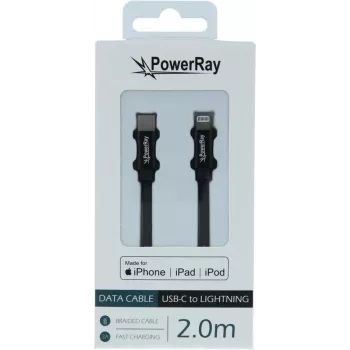 PowerRay USB-C - Lightning MFi punottu kaapeli 2m musta PR-DCCL200TBK