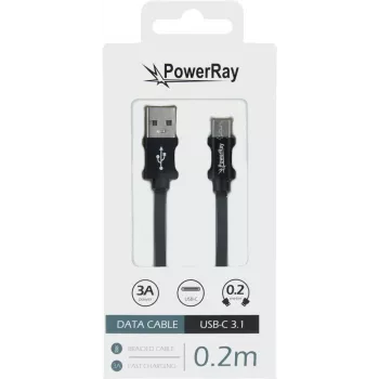 PowerRay PR-DCUC020TBK USB-A–USB-C-data- ja latauskaapeli, 0,2 m, tekstiili musta, blisteri