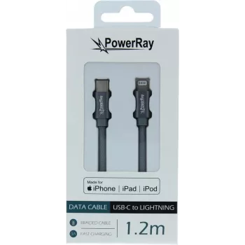 PowerRay USB-C–Lightning MFi-sertifioitu punottu kaapeli 1,2m harmaa PR-DCCL120TGY