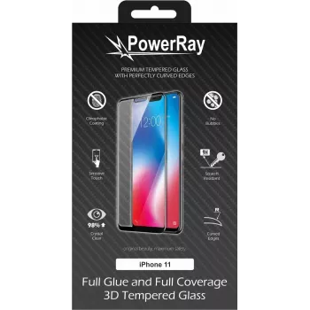 PowerRay Ultra Durable 3D Full Glue lasinen näytönsuojakalvo iPhone 11 -puhelimelle, musta, blisteri PR-3DFGIPH11BL