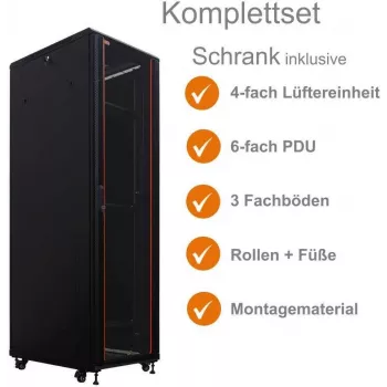 IT-BUDGET 19 tuuman verkkokaappi SRK täysi sarja - 42U - 600x800 mm - lasi-/teräsovi - 4 aktiivista tuuletinta - PDU - hyllyt - esikoottu - musta (99ITB19SRK4268GSM)