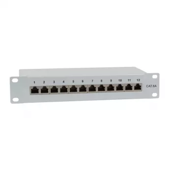 IT-BUDGET 10 tuuman patch-paneeli - suojattu - Cat.6A - 500MHz - 12 porttia RJ45 - PoE+ yhteensopiva - 1U - harmaa (90ITB10PP6AG)