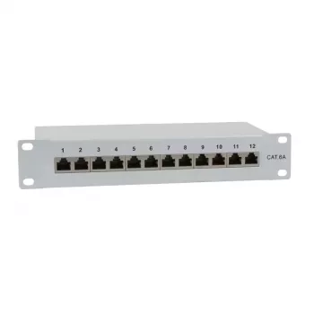 IT-BUDGET 10 tuuman patch-paneeli - suojattu - Cat.6A - 500MHz - 12 porttia RJ45 - PoE+ yhteensopiva - 1U - harmaa (90ITB10PP6AG)