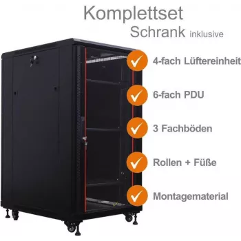 IT-BUDGET 19 tuuman verkkokaappi SRK -paketti - 22U - 600x800 mm - lasi-/teräsovi - 4 aktiivista tuuletinta - PDU - hyllyt - koottu - musta (99ITB19SRK2268GSM)