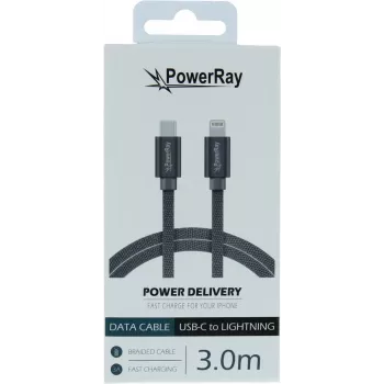PowerRay USB-C - Lightning -punottu kaapeli 3m tekstiili harmaa PR-DCCL300TGY