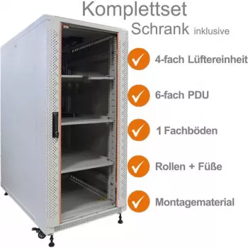 IT-BUDGET 19 tuuman verkkokaappi SRK -paketti - 18U - 600x1000 mm - lasi-/teräsovi - 4 aktiivista tuuletinta - PDU - hyllyt - koottu - vaaleanharmaa 99ITB19SRK18610GGM