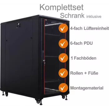 IT-BUDGET 19 tuuman verkkokaappi SRK -paketti - 18U - 600x1000 mm - lasi-/massiiviteräsovi - 4 aktiivista tuuletinta - PDU - hyllyt - esikoottu - musta 99ITB19SRK18610GSM