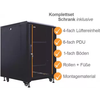 IT-BUDGET 19 tuuman verkkokaappi SRK täydellinen sarja 12U 600x800 mm lasi-/teräsovi 4 aktiivista tuuletinta PDU hyllyt esiasennettu musta 99ITB19SRK1268GSM