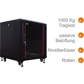 IT-BUDGET 19 tuuman verkkokaappi SRK - 12U - 600x800 mm - lasi-/teräsovi - flatpack - musta (90ITB19SRK1268GSN)