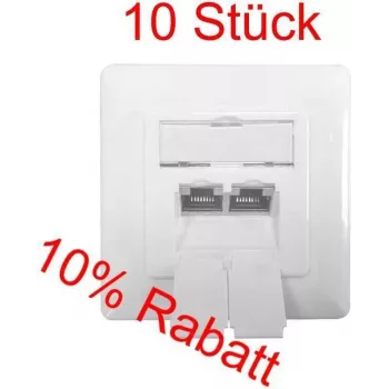 IT-BUDGET SPAR-PACK: 10 x Cat.6A datapistorasia, 2 x RJ45 porttia, suojattu, vaakasuora kaapelinsyöttö, PoE+ yhteensopiva, valkoinen (ZAA90ITBDDSW)