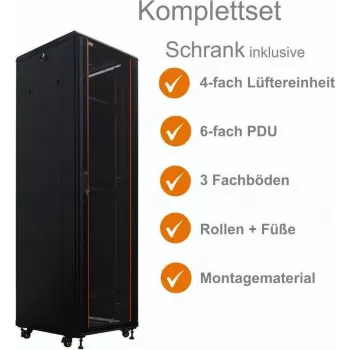 IT-BUDGET 19 tuuman verkkokaappi SRK täydellinen sarja 38U 600x800mm lasi-/teräsovi 4 aktiivista tuuletinta PDU hyllyt Flatpack musta 90ITB19SRK3868GS
