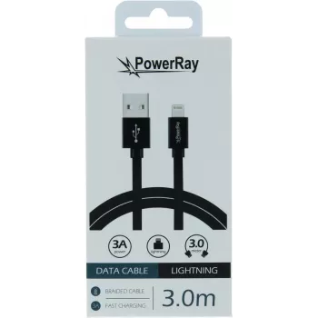 PowerRay USB-Lightning-datakaapeli 3 m tekstiili musta PR-DCUL300TBK