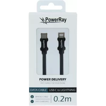 PowerRay PR-DCCL020TBK USB-C-Lightning datakaapeli, 0,2 m, tekstiili musta, blister