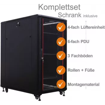 IT-BUDGET 19 tuuman verkkokaappi SRK täydellinen paketti 27U 600x600 mm lasi-/umpiovi 4 tuuletinta PDU hyllyt flatpack musta 90ITB19SRK2766GS