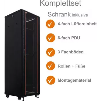 IT-BUDGET 19 tuuman verkkokaappi SRK täydellinen sarja 42U 600x600mm lasi-/teräsovi 4 tuuletinta PDU hyllyt esikoottu musta 99ITB19SRK4266GSM