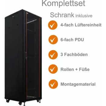 IT-BUDGET 19 tuuman verkkokaappi SRK täydellinen sarja - 38U - 600x600 mm - lasi-/teräsovi - 4 aktiivista tuuletinta - PDU - hyllyt - Flatpack - musta (90ITB19SRK3866GS)