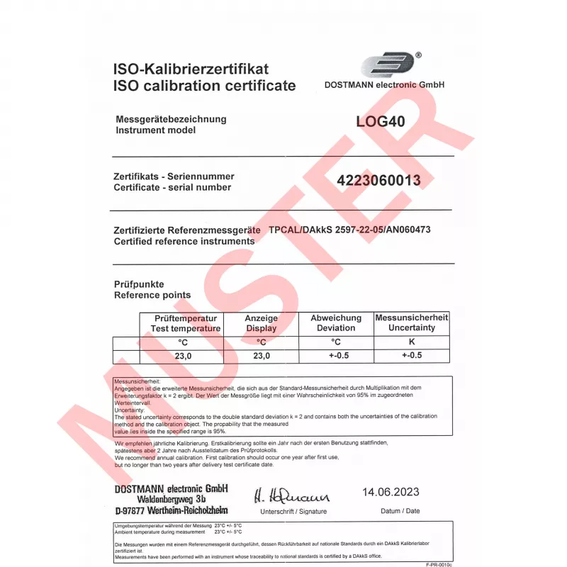 TFA Dostmann LOG40 ISO-kalibroitu lämpötiladataloggeri USB PDF, -40...+60 °C