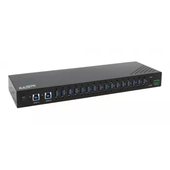 EXSYS EX-11236HMS 16-porttinen USB 3.2 Gen 1 teollisuuskeskitin 15KV ESD-suojauksella, seinä- ja DIN-kiskoasennus
