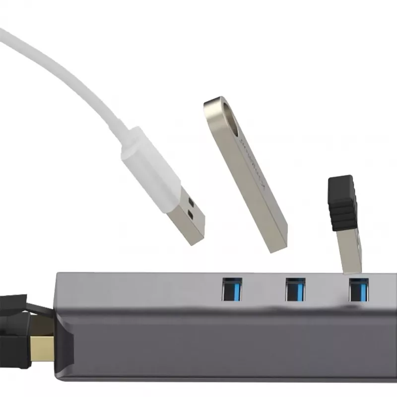 EXSYS EX-1133-N-3 USB 3.2 Gen 1 -keskitin 3x USB-A-liitännällä ja Gigabit-Ethernetillä (USB-C)