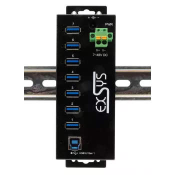EXSYS USB 3.2 Gen1 7-porttinen teollisuuskeskitin DIN-kiskosarjalla ja 15kV ESD-suojauksella (EX-1187HMVS-2)