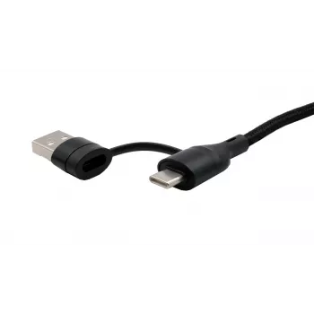 EXSYS EX-K1404 2-in-1 - 3-in-1 USB-C/A - USB-C/Micro B/Lightning nailonpunottu monilataus- ja datakaapeli, 1,2m, musta