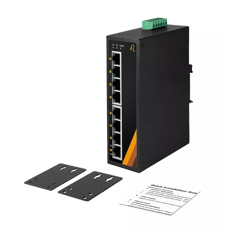 EXSYS EX-6226POE teollinen 8-porttinen Gigabit PoE+ kytkin, 12-36VDC, DIN-kisko