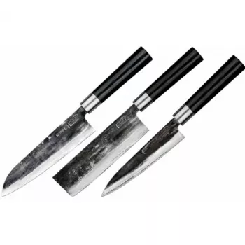 SAMURA SP5-0220 3-osainen keittiöveitsisarja, AUS-8 ruostumattomat terät, mustat ABS-kahvat, kuorimis-, yleis- ja kokkiveitsi