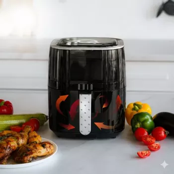 QUIN 4,5L digitaalinen kiertoilmakypsennin, 1500W, 80-200°C, 60 min ajastin, 8 esiasetusta, musta