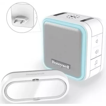 Honeywell DC515SP2L langaton ovikello pistokekellolla ja painikkeella, 150 m kantama, 6 melodiaa, valkoinen