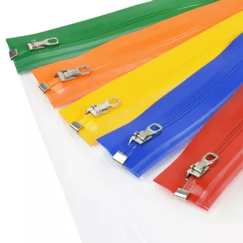 Rapesco Zippi Bags A5+ vetoketjupussit, 250 x 195 mm, läpinäkyvä sinisellä, oranssilla, vihreällä, punaisella, keltaisella reunalla, 5 kpl:n pakkaus 1502