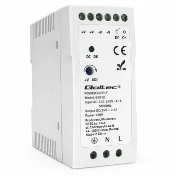 Qoltec DIN-kiskokiinnitteinen virtalähde 60W 24V 2,5A valkoinen ohut